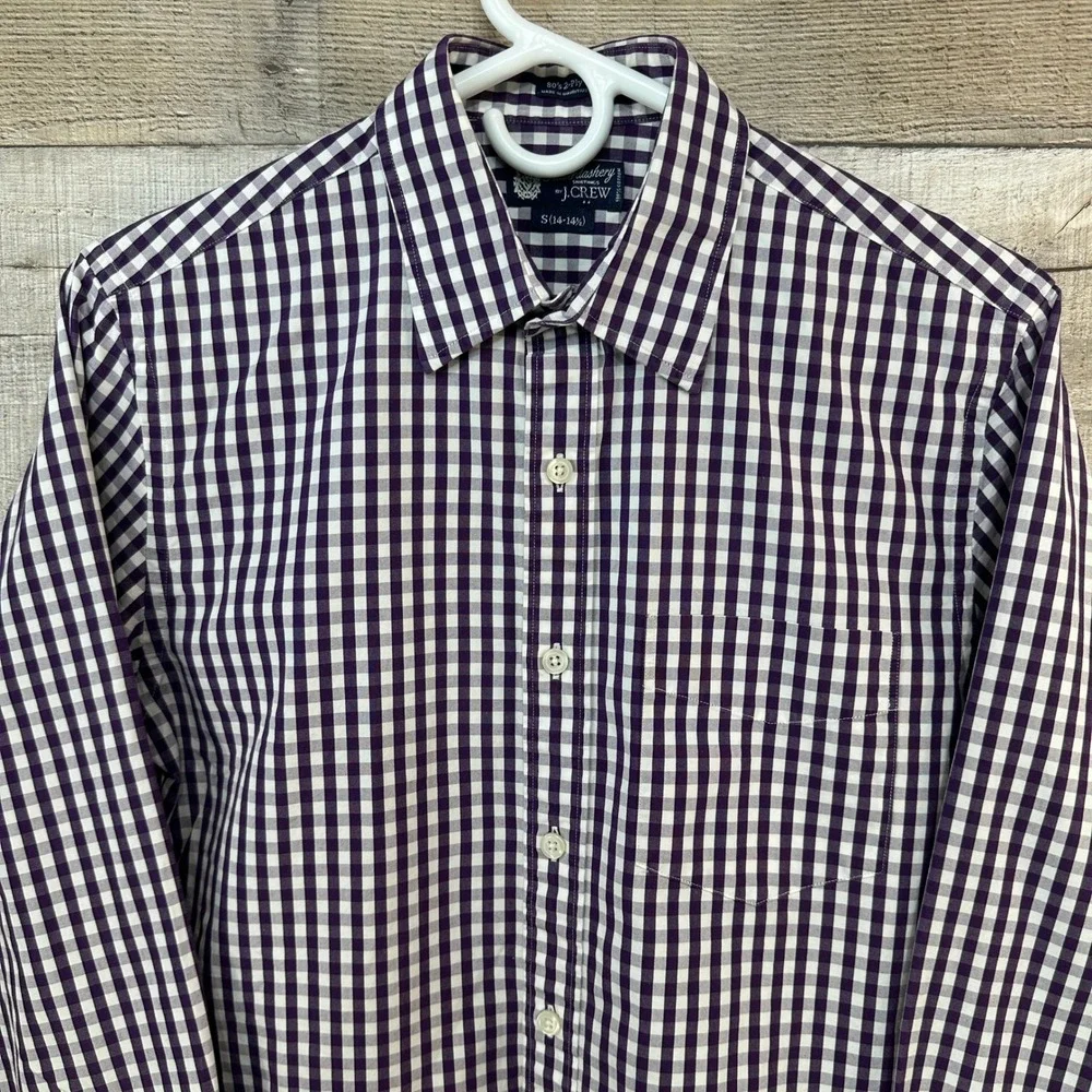 J Crew Haberdashery Mens Small 14 14 1/2 Purple White‎ Gingham Button Up Shirt
